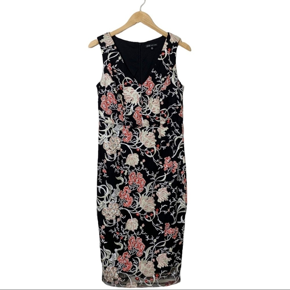 Jax Black Midi Dress with Pink and Cream Floral Embroidery
